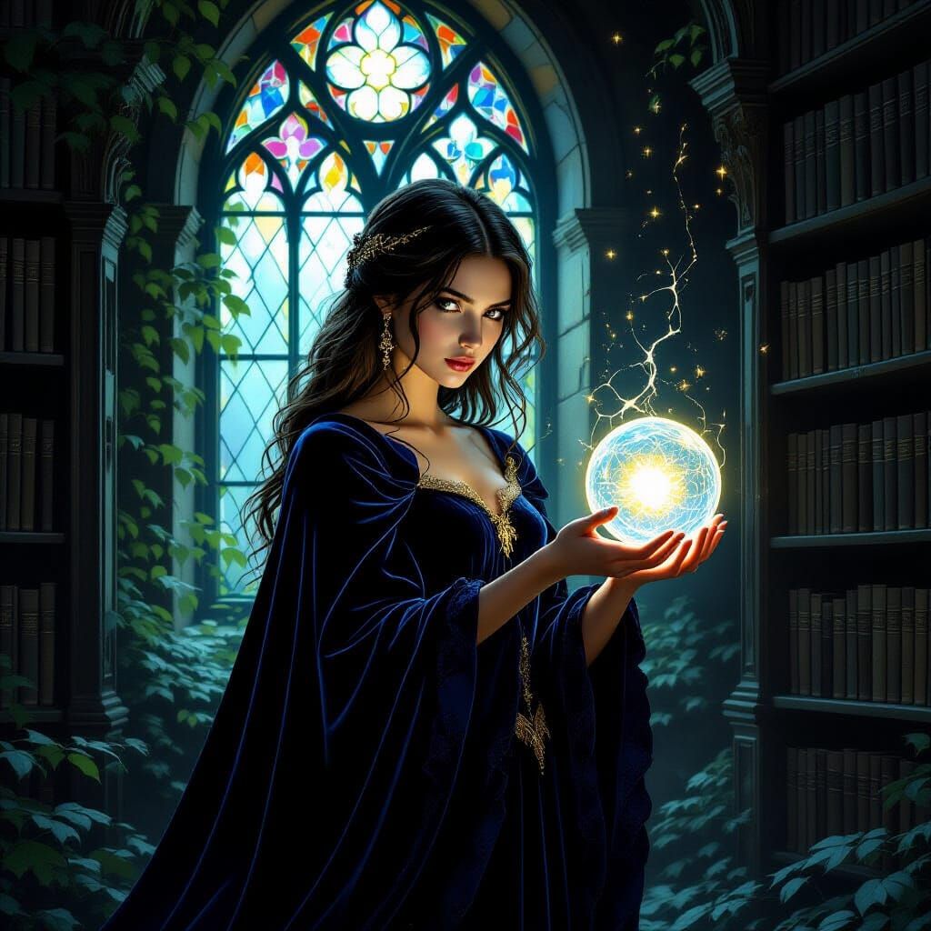 Sorceress in Moonlight Library, Pre-Raphaelite Style