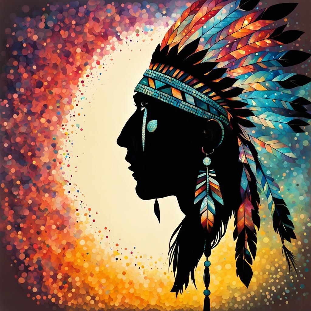Native American Silhouette in Pointillism Mosaic Style