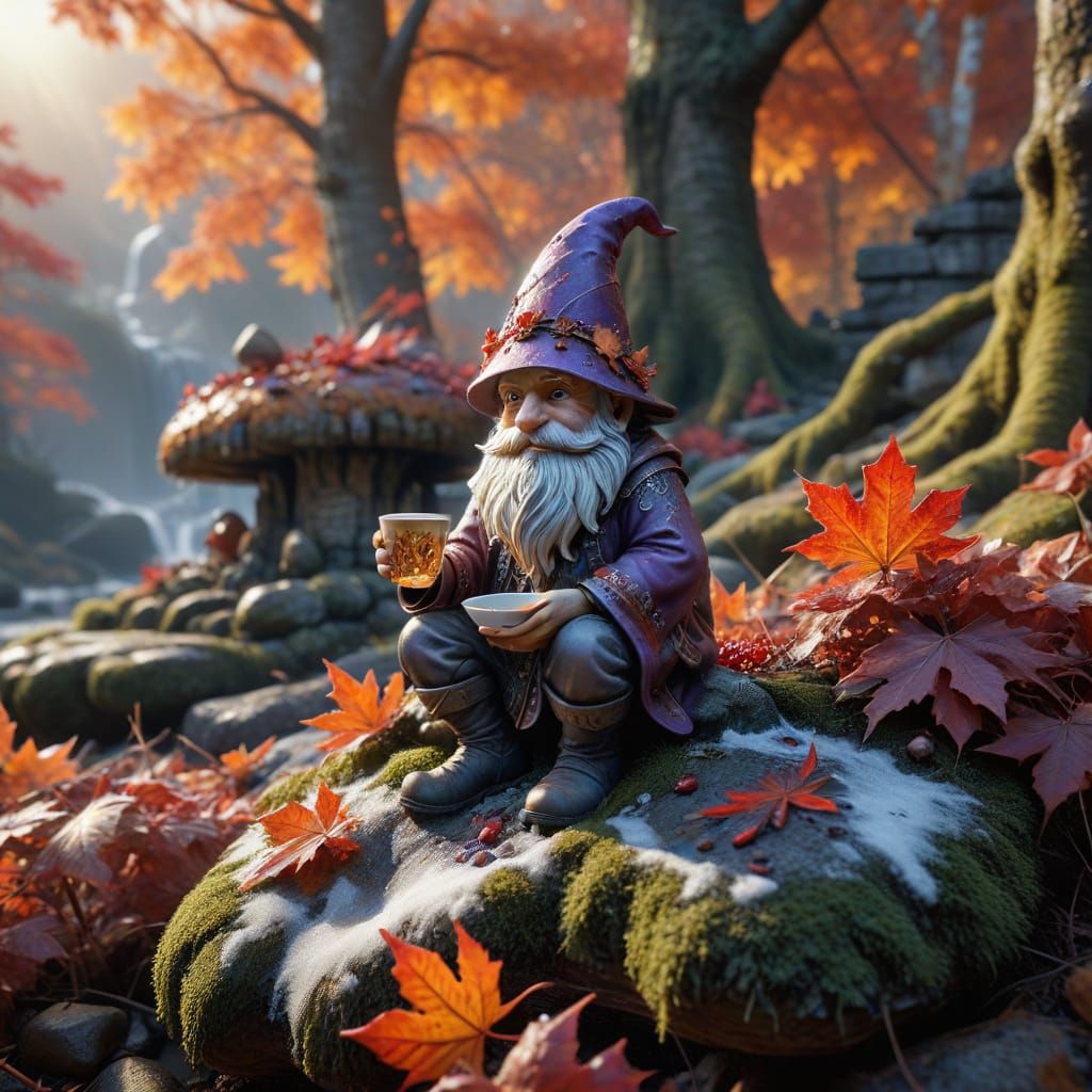 Cute Autumn Gnome Enjoying Tea in Frosty Woodland