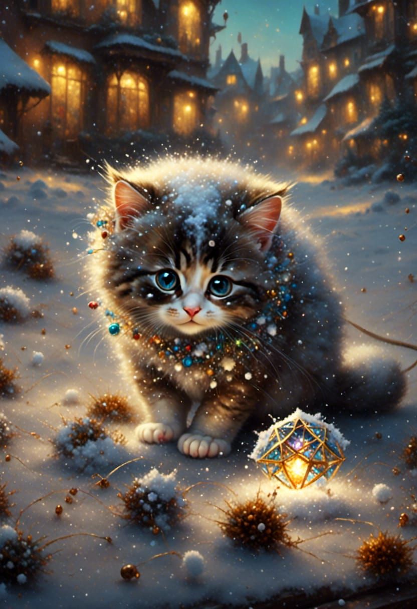 Colorful Cat and Mouse in Purple Fantasy Snow