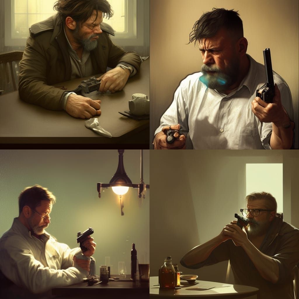 father drinking alone depressed with a handgun on the table next to him head and shoulders portrait, 8k resolution conce...