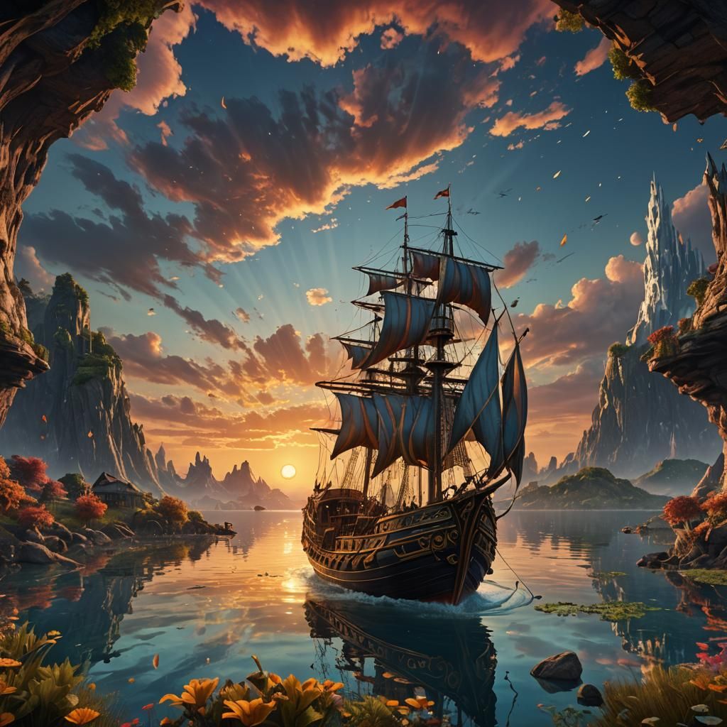 Sunset Sailboat on Mirrored Surreal Lake