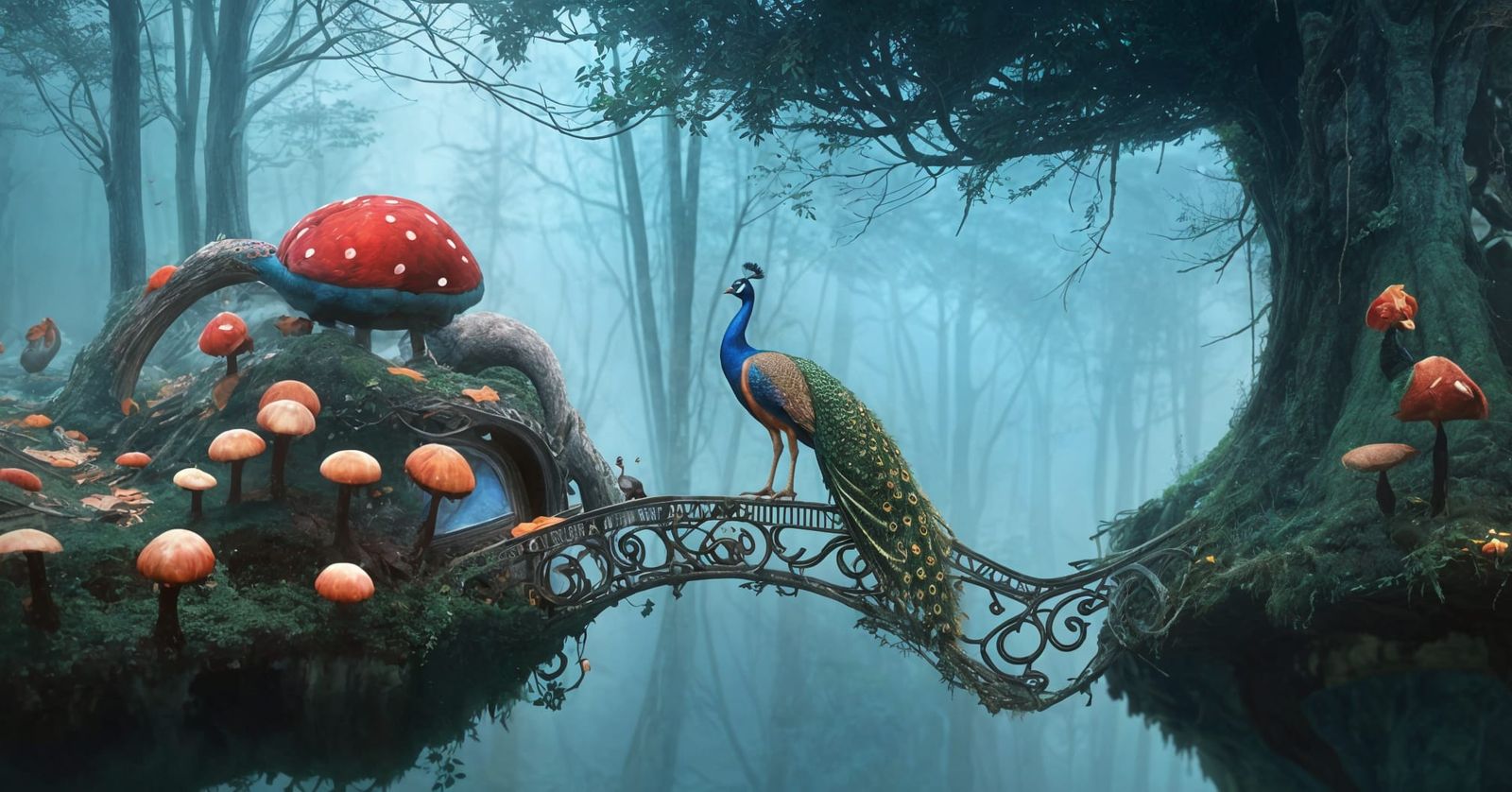 Majestic Peacock on Cliff Edge with Bridge