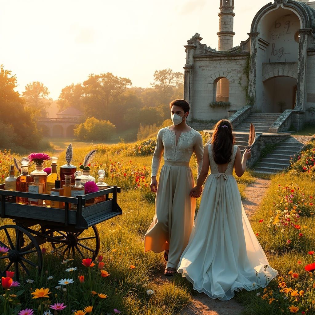 Elegant Couple Strolls Through Vibrant Ruins in a Fantastica...