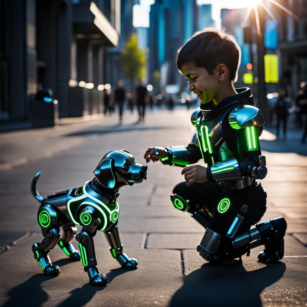 Neon Cyborg Puppy and Boy, Futuristic Photography