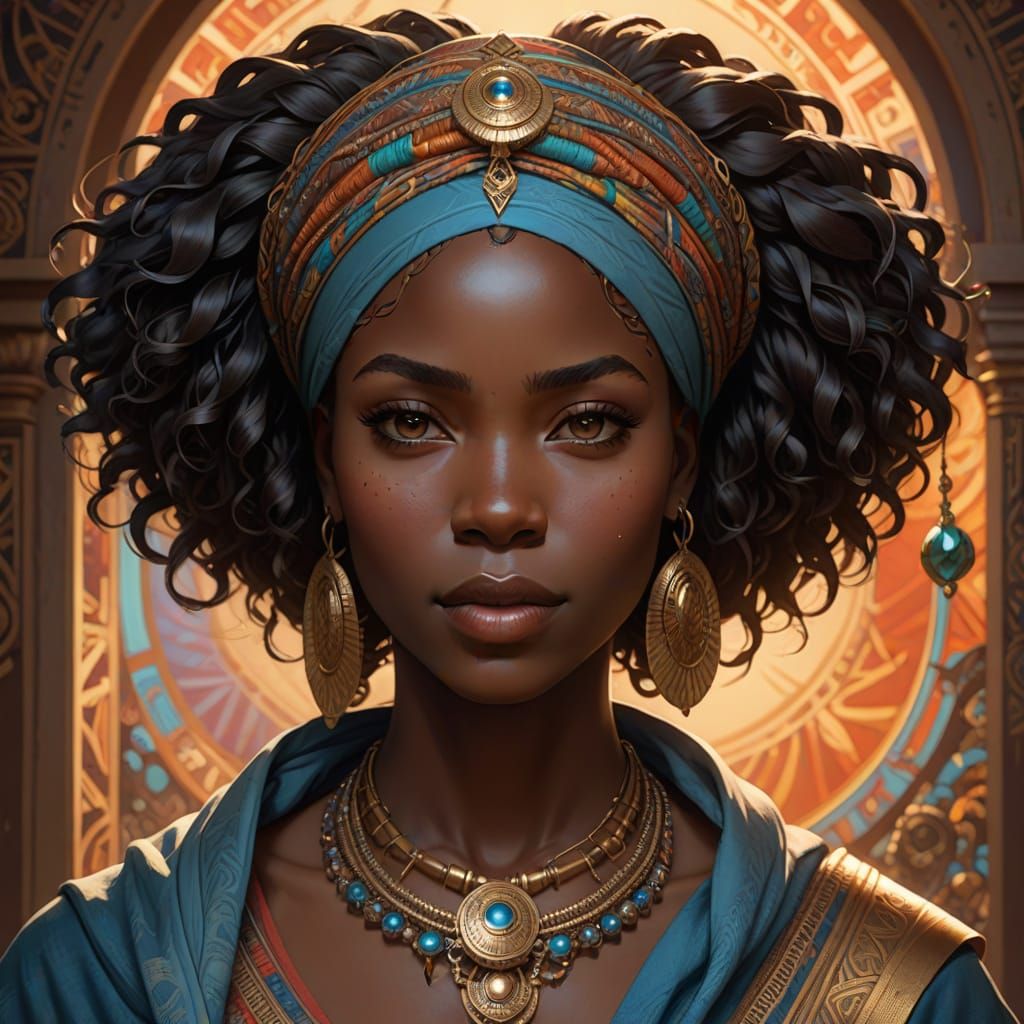 African Queen Amila, Cartoon Anime Portrait