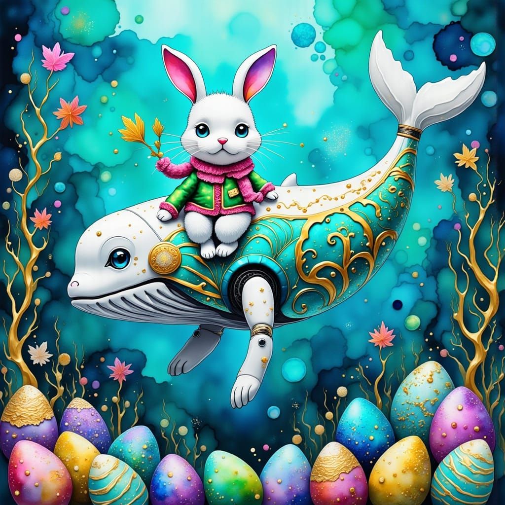 Whimsical Robot Bunny Rides Robotic Whale Underwater in Vibr...