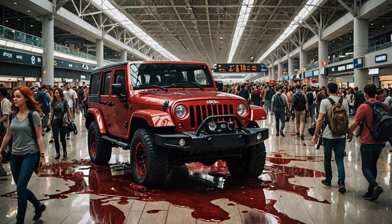 A red Jeep 4x4 drivies crazily down the middle of a crowded ...