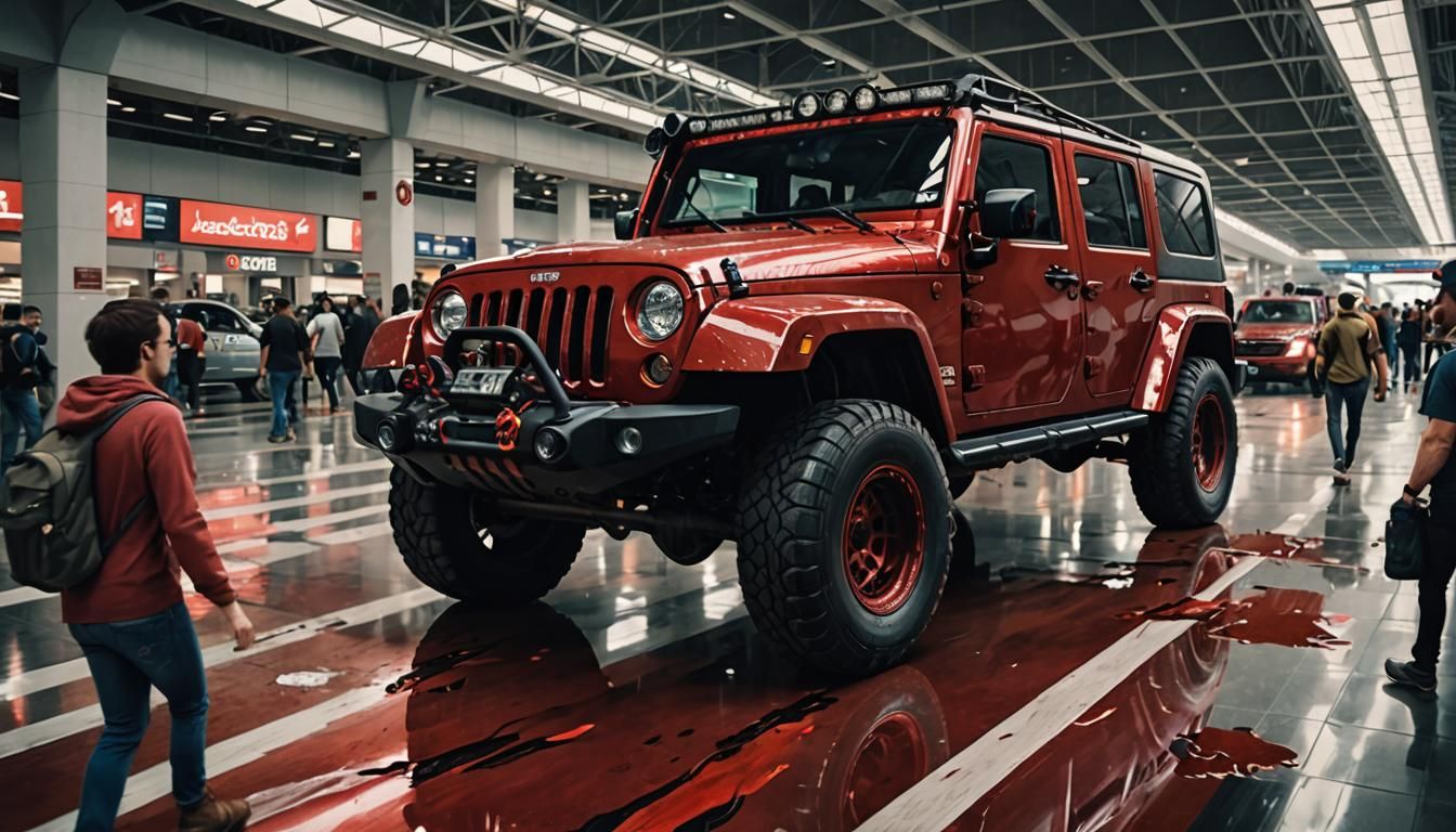 A red Jeep 4x4 drivies crazily down the middle of a crowded ...