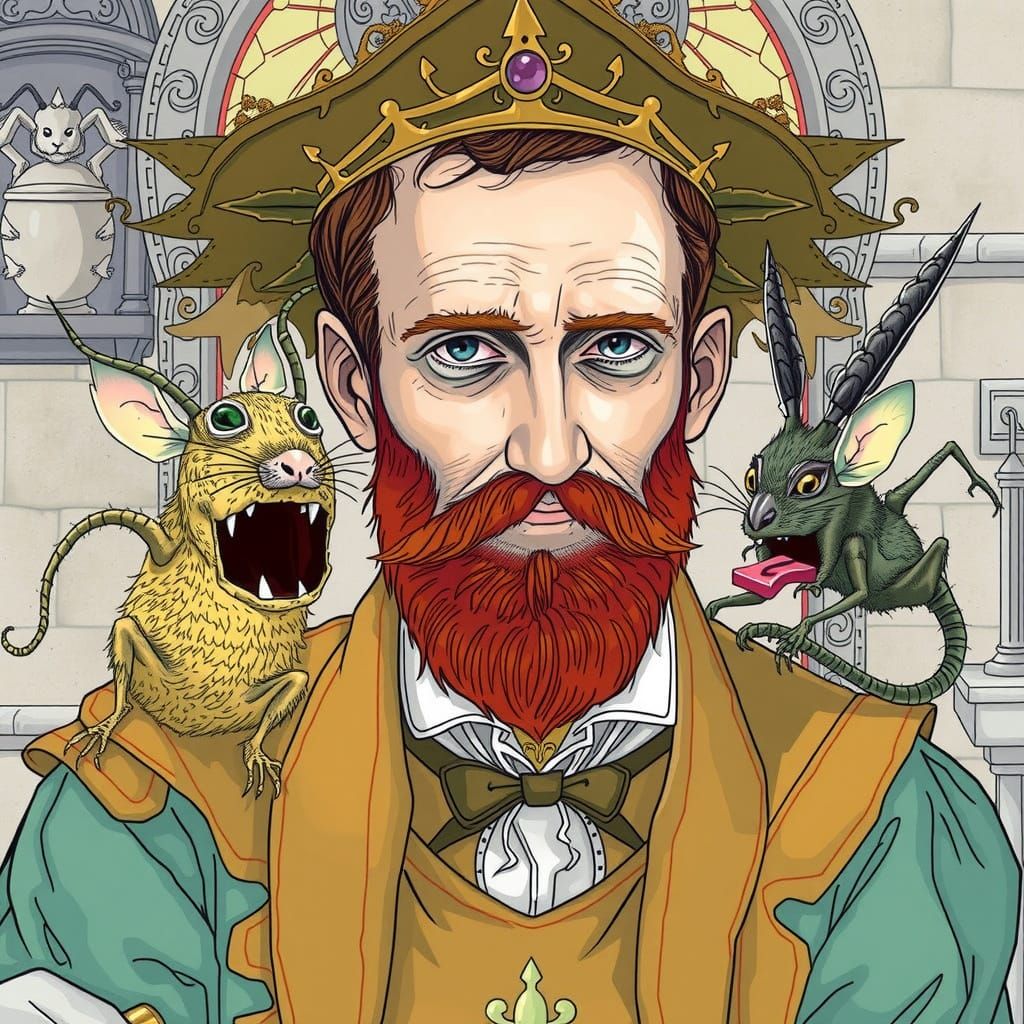 King Cleans Toilet in Dürer-esque Gothic Style