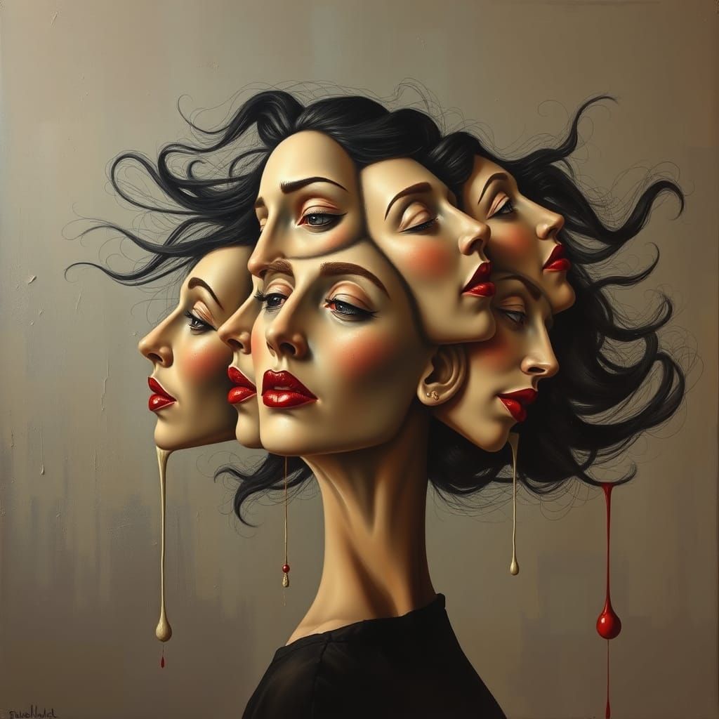 Surreal Woman's Head with Multiple Emotions