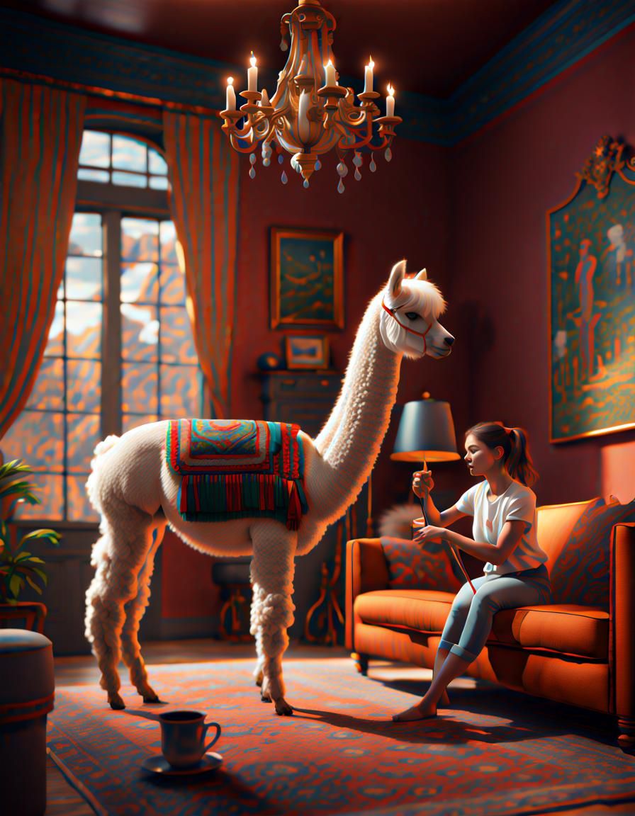 Alpaca in a living room with a girl petting him detailed mat...
