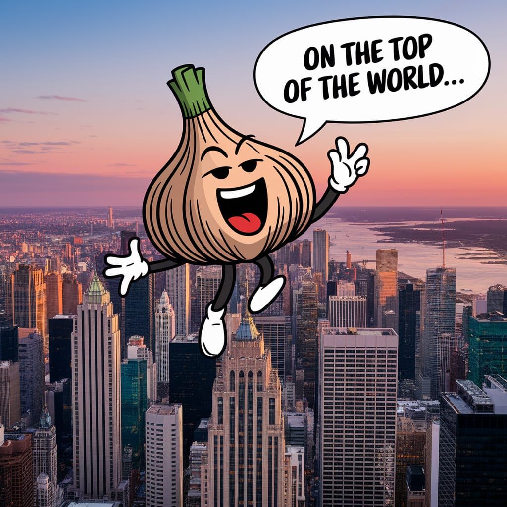 A goofy garlic bulb singing on top of a skyscraper, singing ...