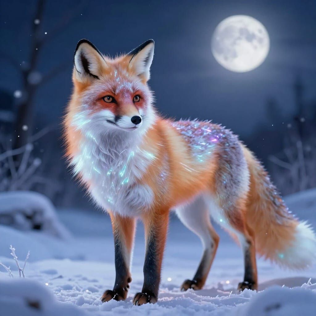 Ethereal Fox Glows in Moonlit Snowy Night
