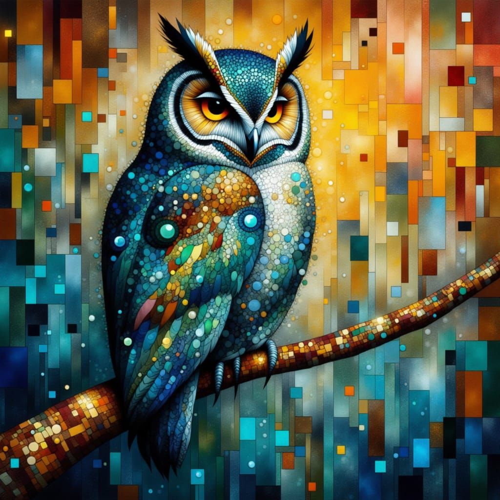 Majestic Owl with Geometric Mosaic Background