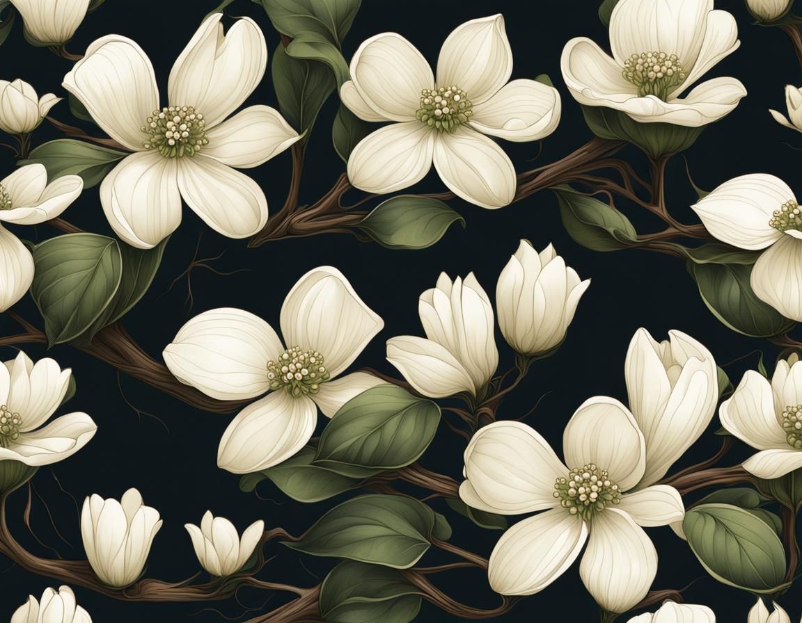 Art Nouveau Dogwood Flowers in Dark Forest