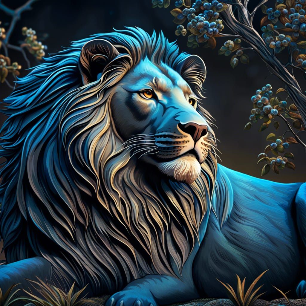 Blue Lion Dreamscape: Hyper-Detailed Digital Illustration