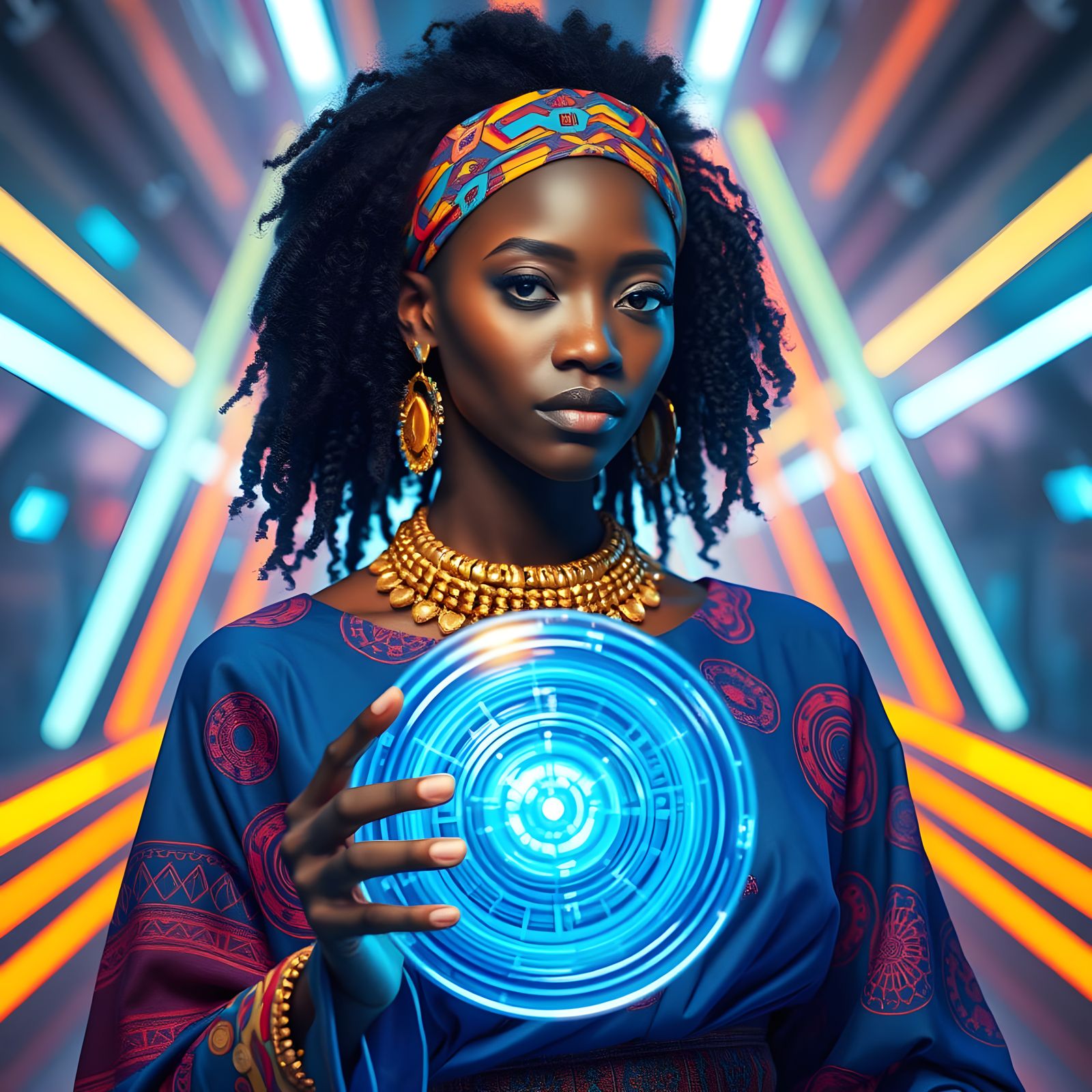 Blue African Model with Holographic Disc