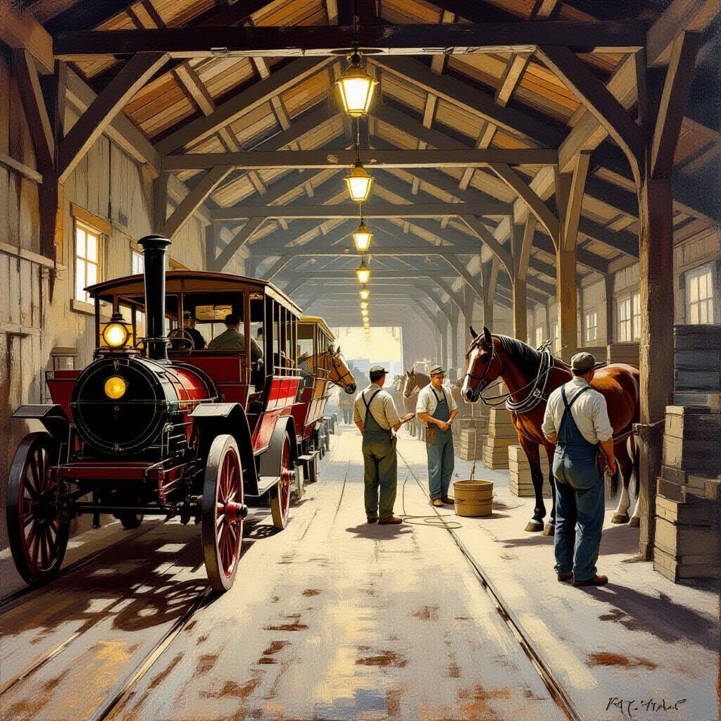 Vintage Trolley Barn Scene in American Illustration Style