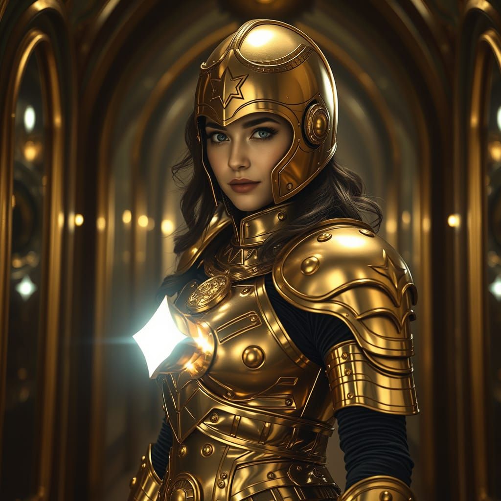 Warrior Woman in Golden Armor Battles Her Reflection