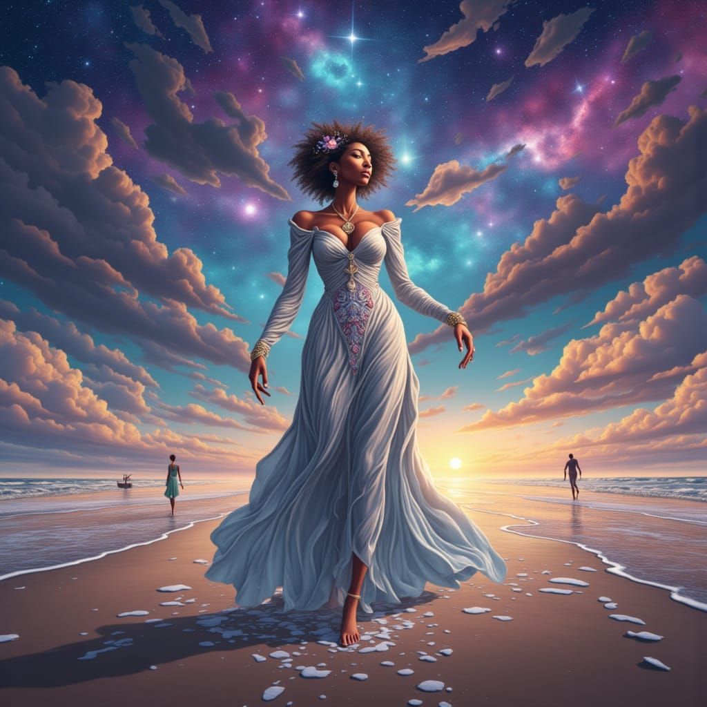 Goddess Walks on Alien Beach Under Starry Sky
