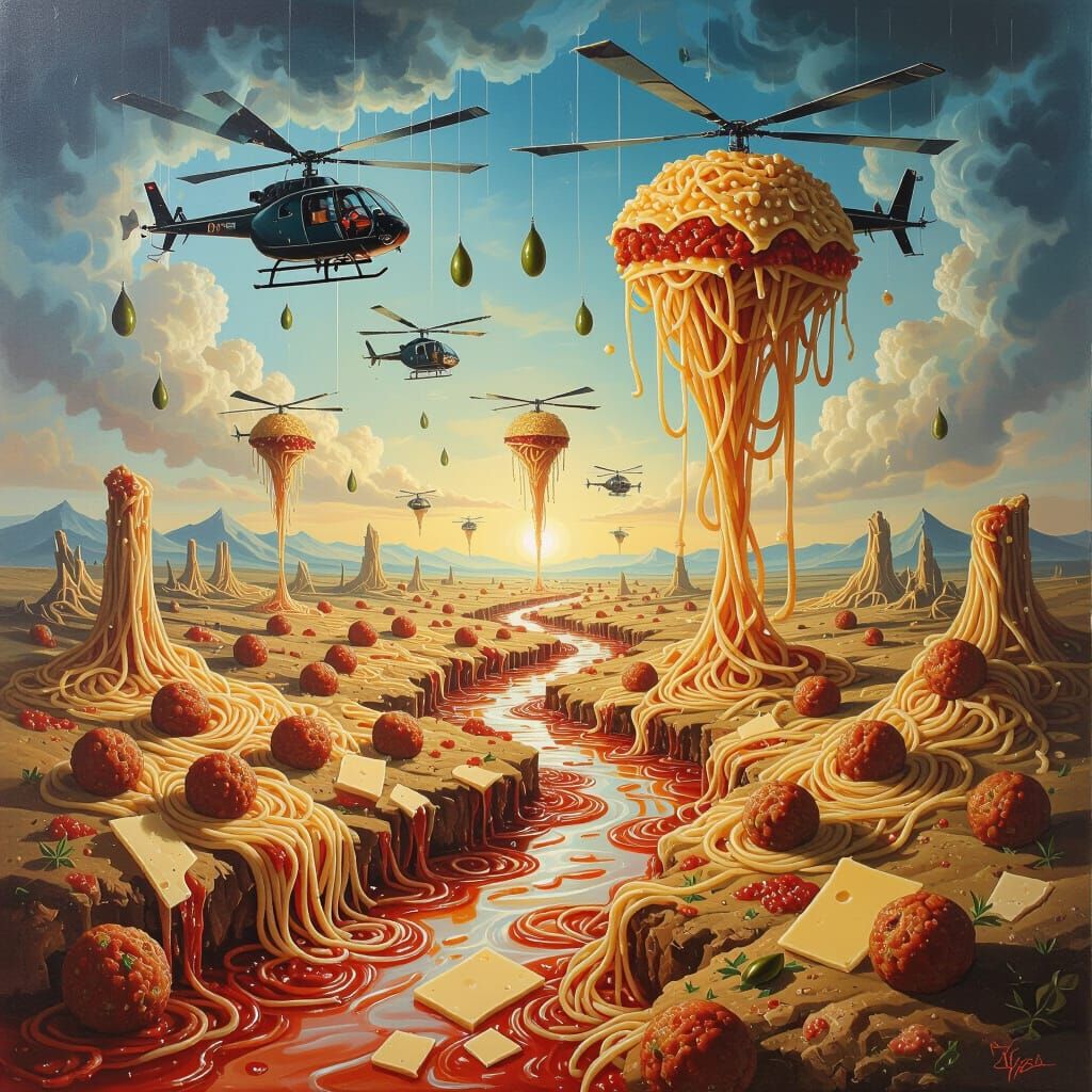 Surreal Spaghetti World War 3 Painting