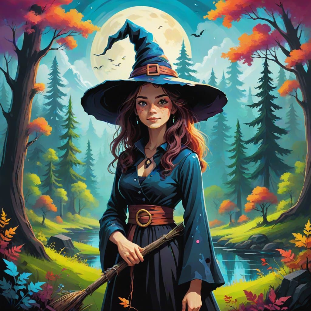 Witch in Vibrant Magical Forest in Bob Ross Style