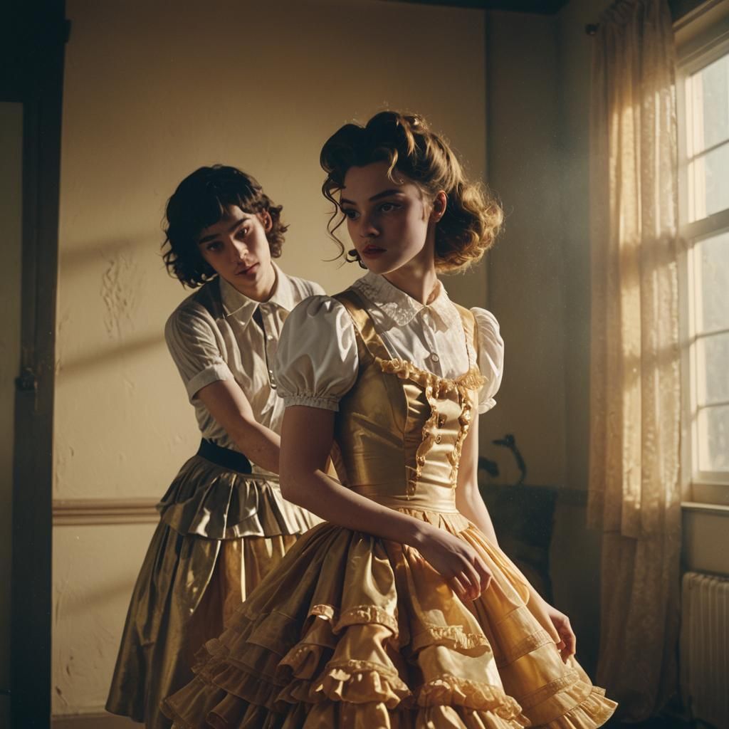 Playful Skirt Lift in Cinematic Lighting