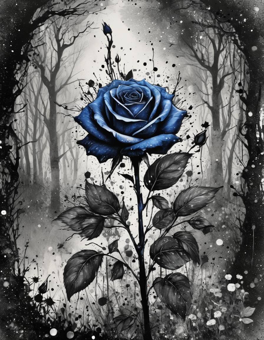 Indigo Rose in Black Ink Splatter Art