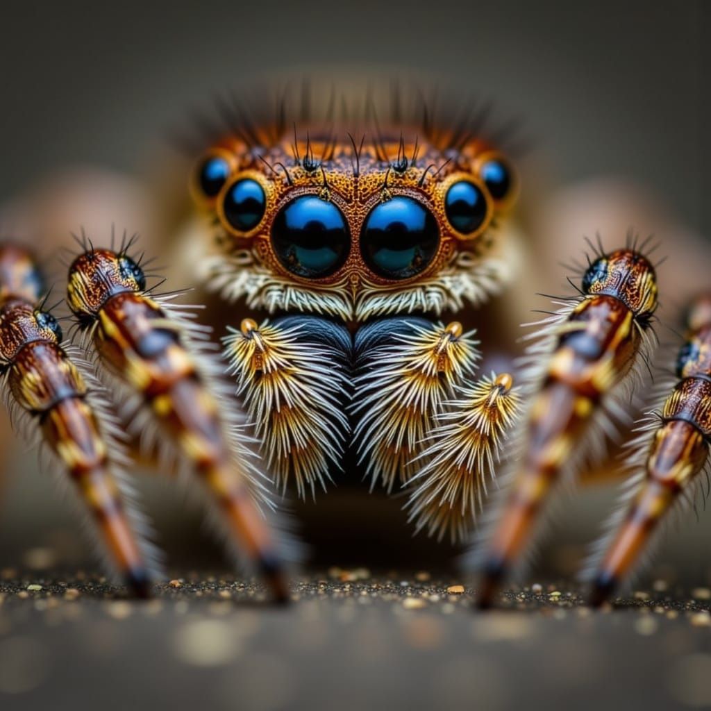 Macro Photo of Jumping Spider Face With Reflective Eyes