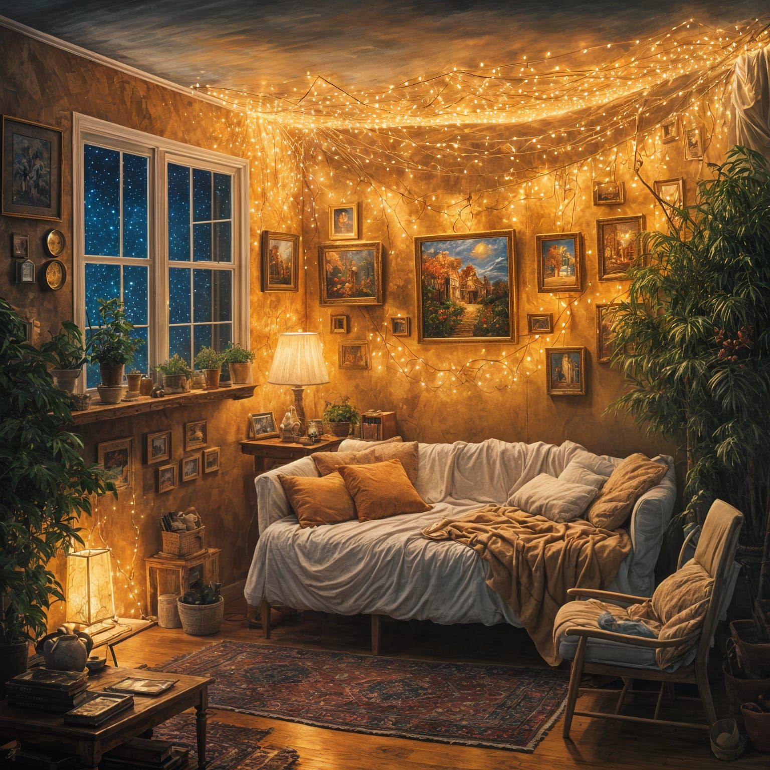 Cozy Room Illuminated by Fiber Optic Lights