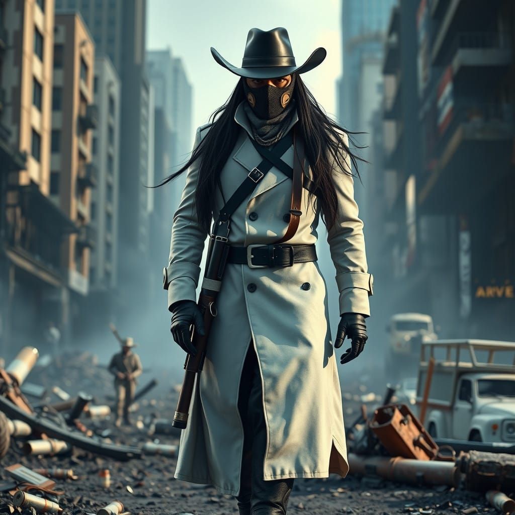 Gritty Masked Cowboy Rides Through a Desolate Cityscape
