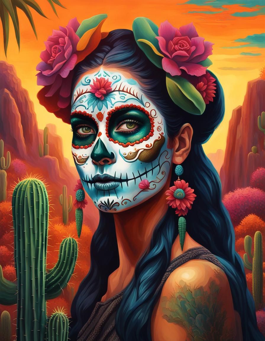 Day of the Dead Woman in Desert Landscape