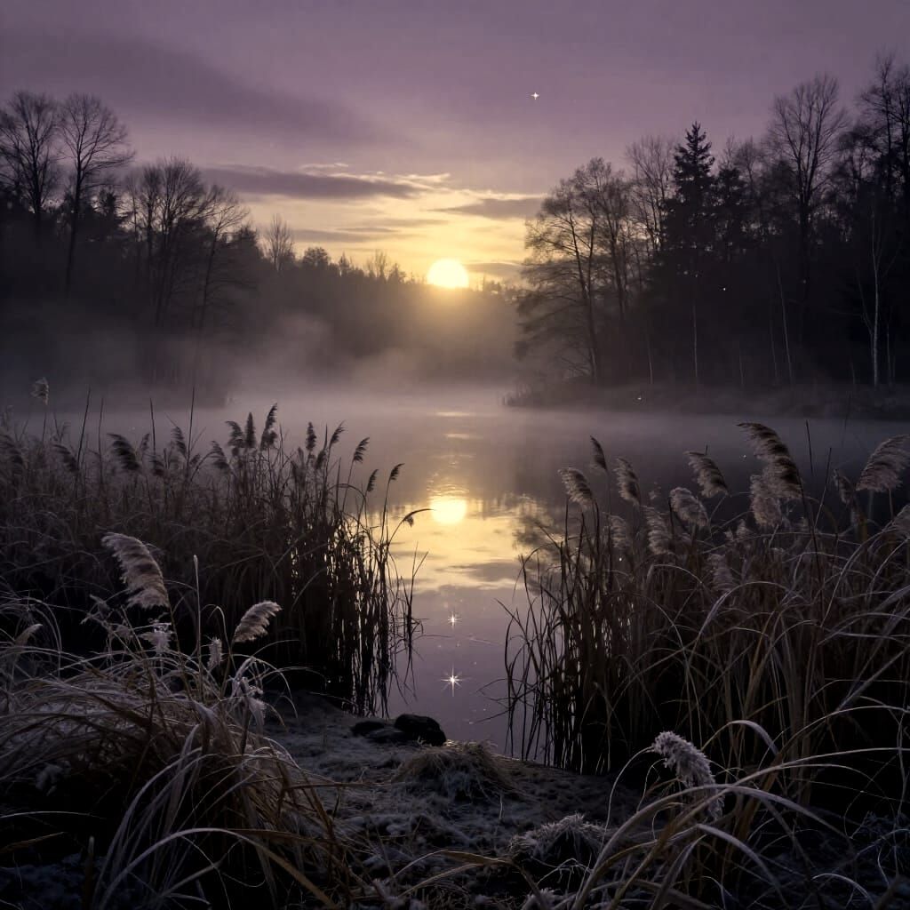 Misty Sunrise Over Frozen Lake