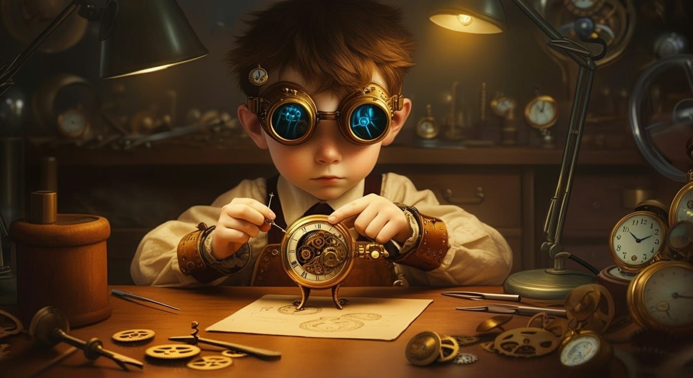 Steampunk Clockmaker Boy in Elegant Precision