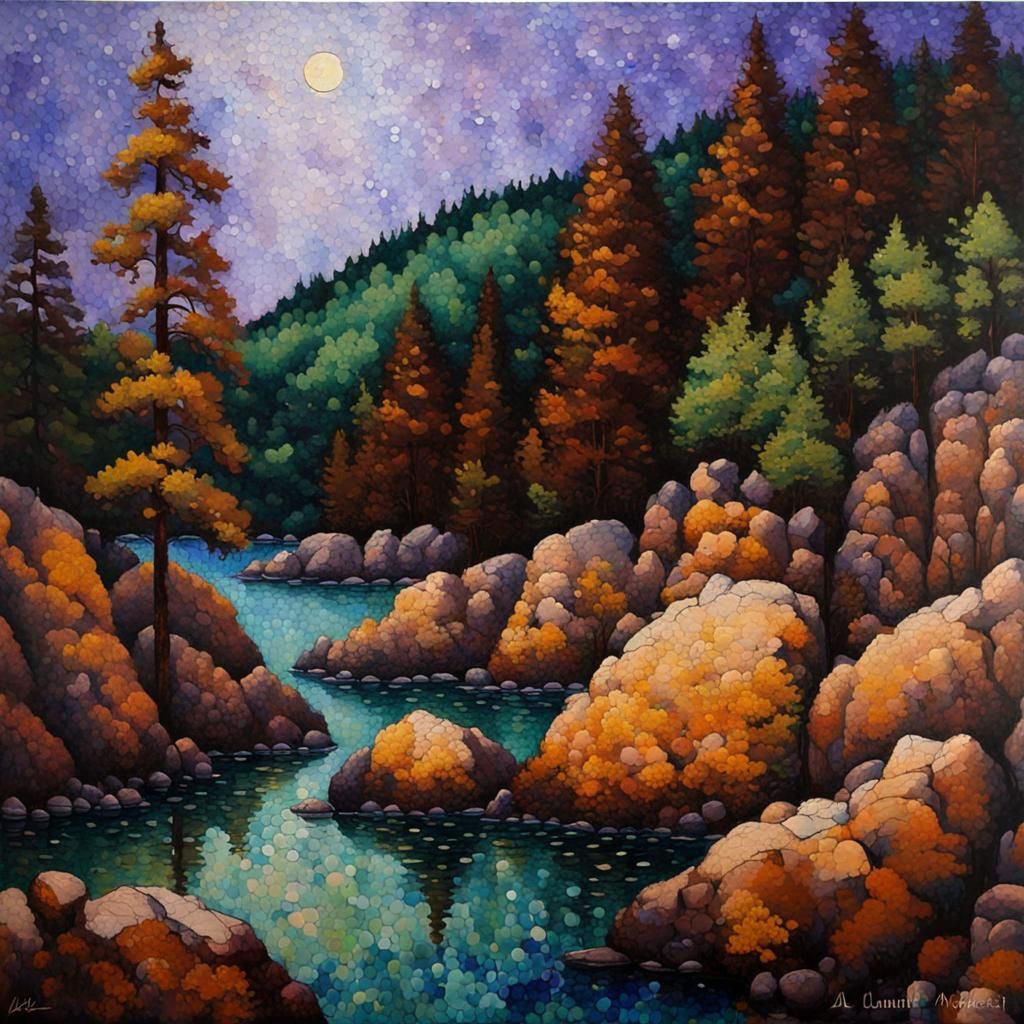 Pointillism Fine Art :: alcohol ink art :: Shawangunks :: brown cliff wall face :: Pine Trees :: Brown Boulders in River...