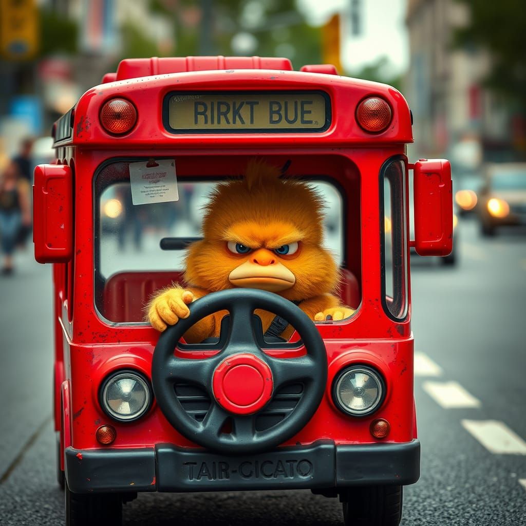 Grumpy Chick Drives a Toy Bus