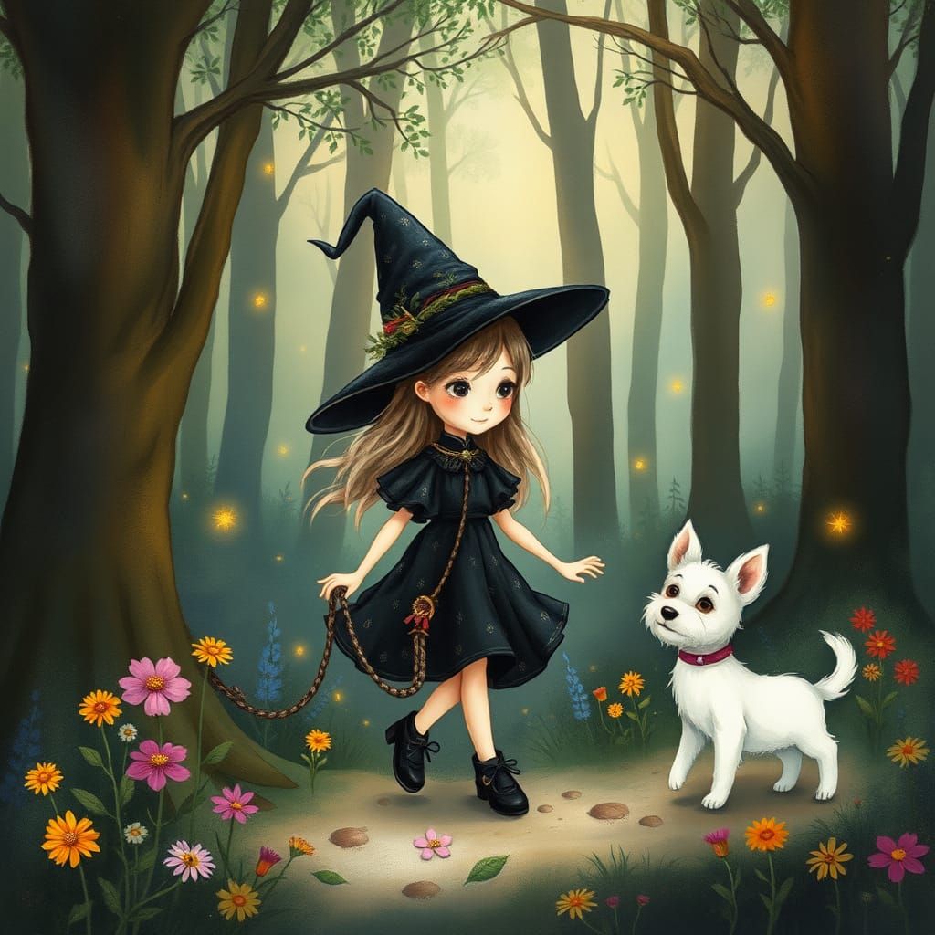 Whimsical Witch Walks with Her Playful Puppy in Enchanted Fo...
