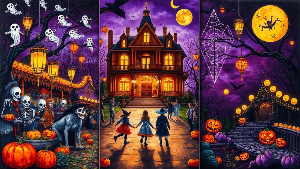 Halloween Triptych with Parade, Mansion, and Festival