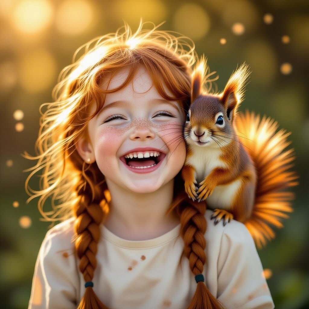 Joyful Girl with Squirrel in Golden Hour Light