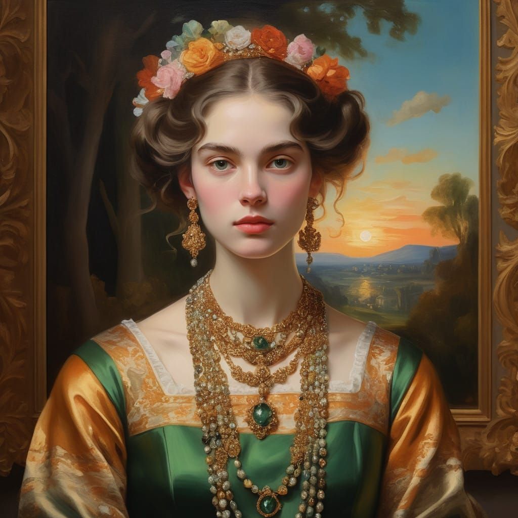 Elegant Woman in Opulent Setting, Adorned with Pyrite and Ge...