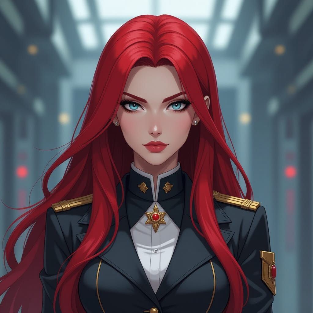 Crimson Haired Officer in Dieselpunk Command Office