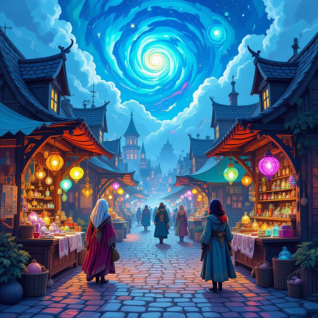 Whimsical Marketplace with Fantastical Creatures and Glowing...