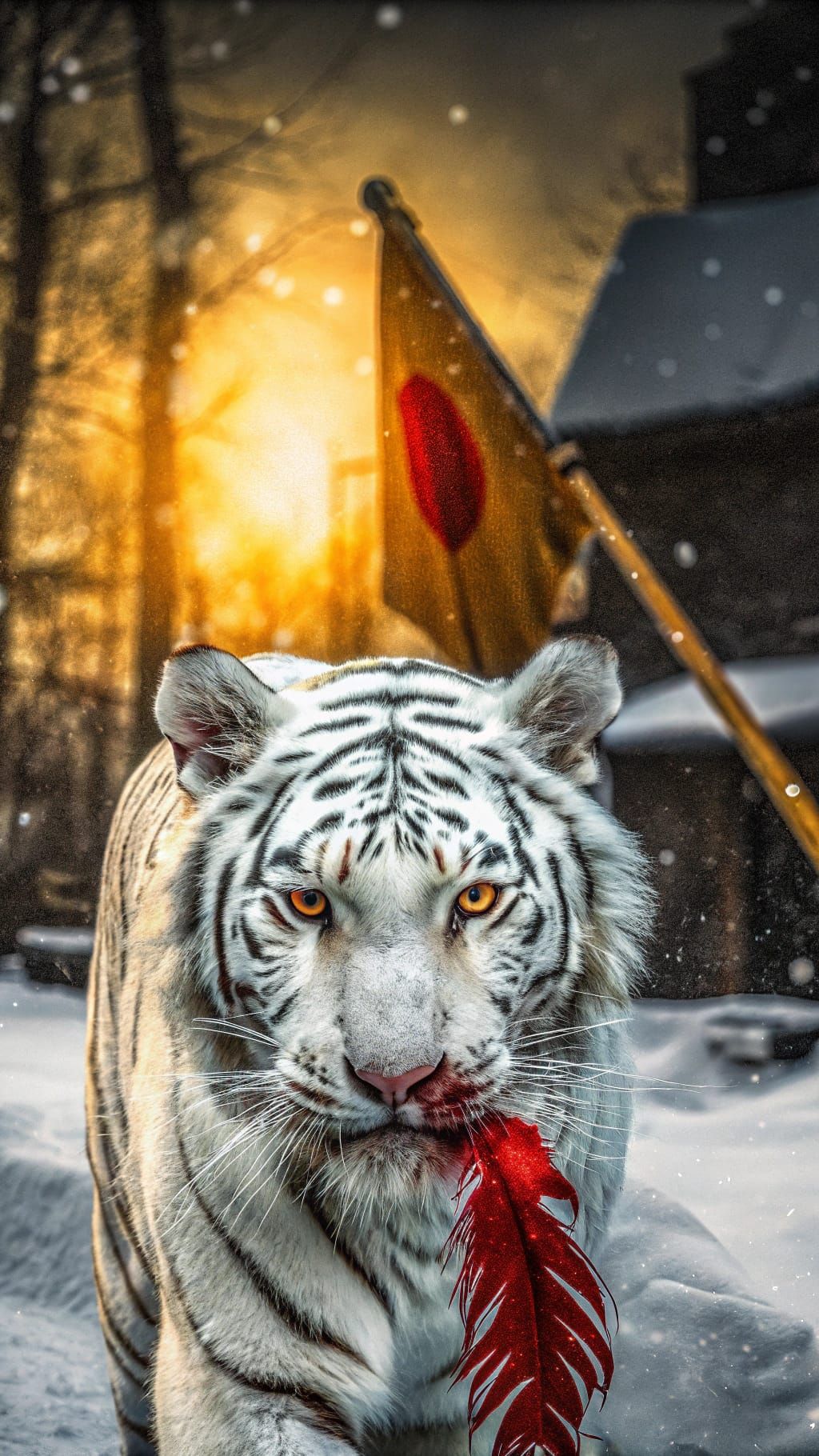 Surreal Winter Tiger Carries Crimson Feather, Bleeding Scars...