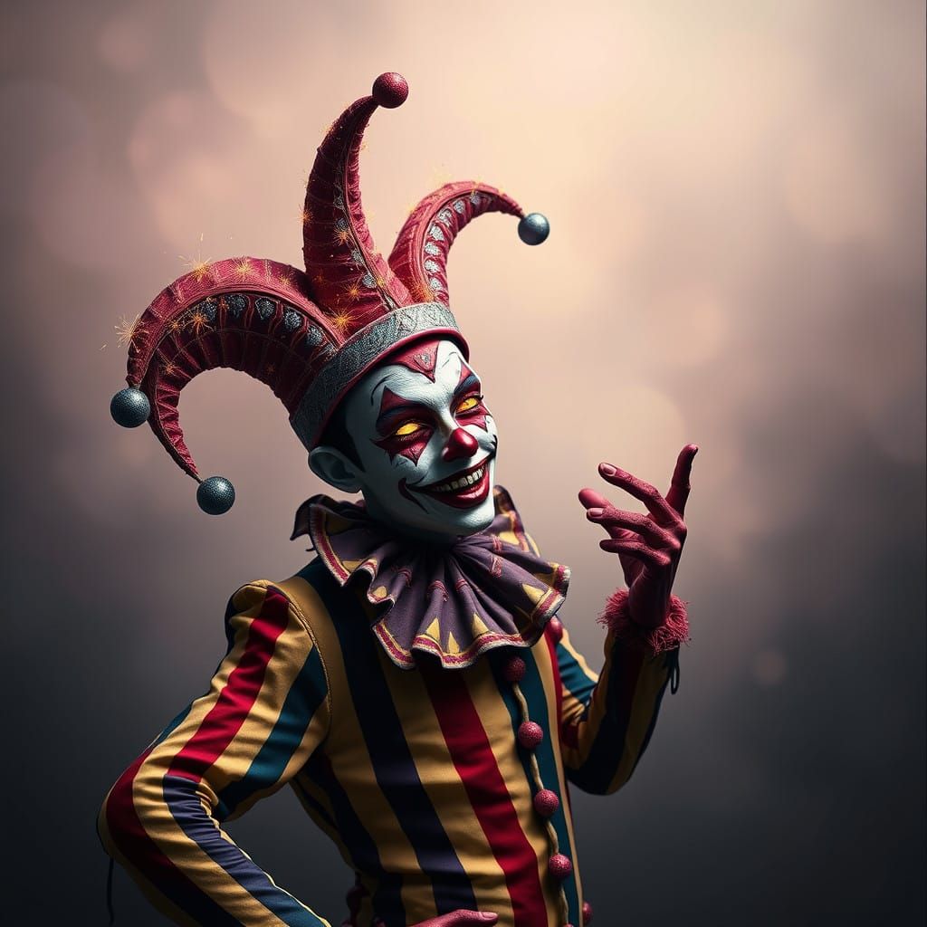 Mystical Jester in Whimsical Striped Splendor