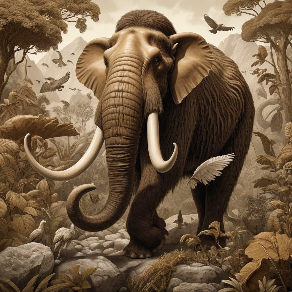 Victorian-Era Woolly Mammoth Illustration in Sepia Tones