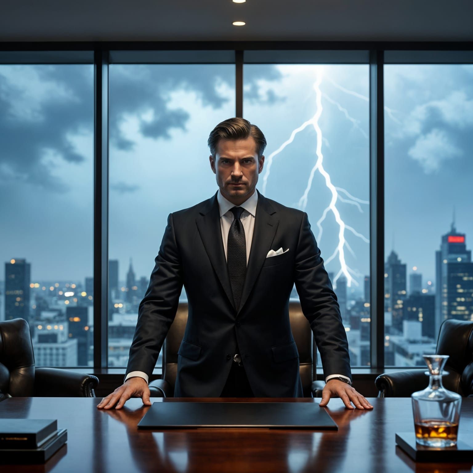 Film Noir Mogul in Stormy Penthouse Office