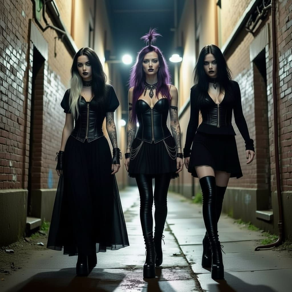 Goth Punk Women in Grimy Urban Alleyway