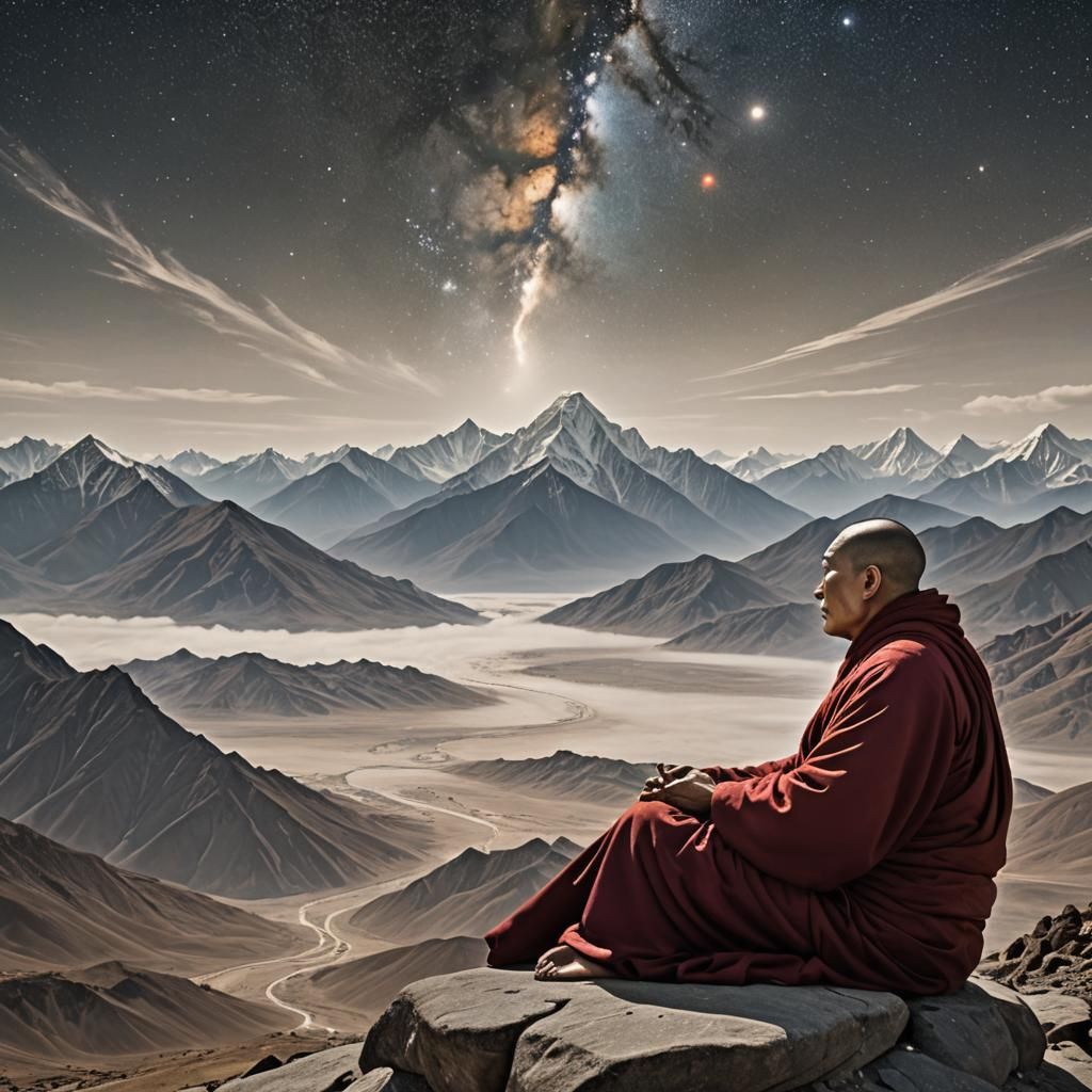 Giant Monk Contemplating Cosmic Mountains