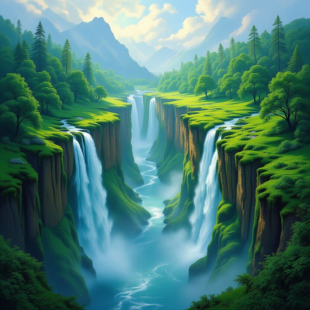 Two Ravines With Two-Story Waterfall In Green and Blue